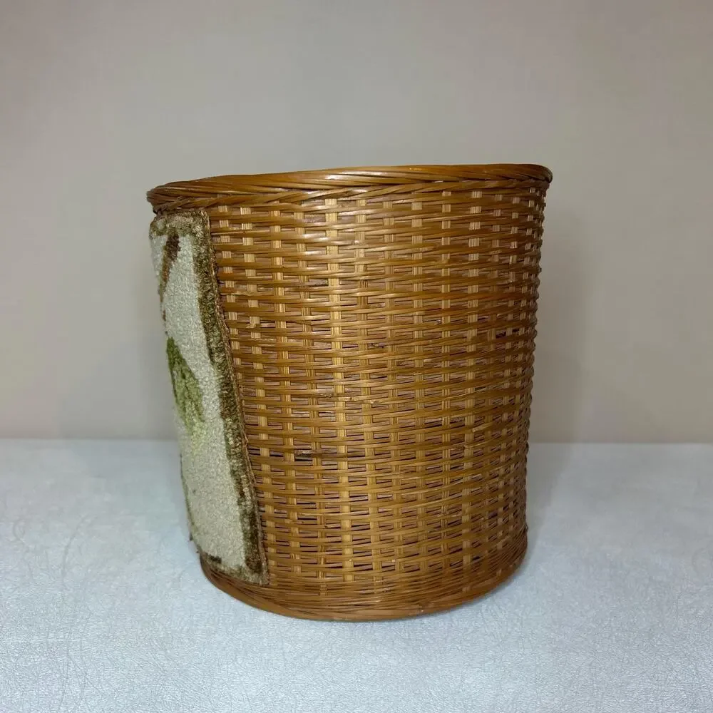 Vintage Boho Woven Rattan Wastebasket Needlepoint Pear Basket